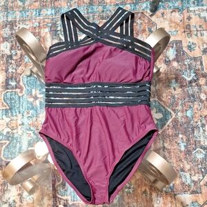 Stylish Woman's One Piece Swimsuit - Maroon and Black